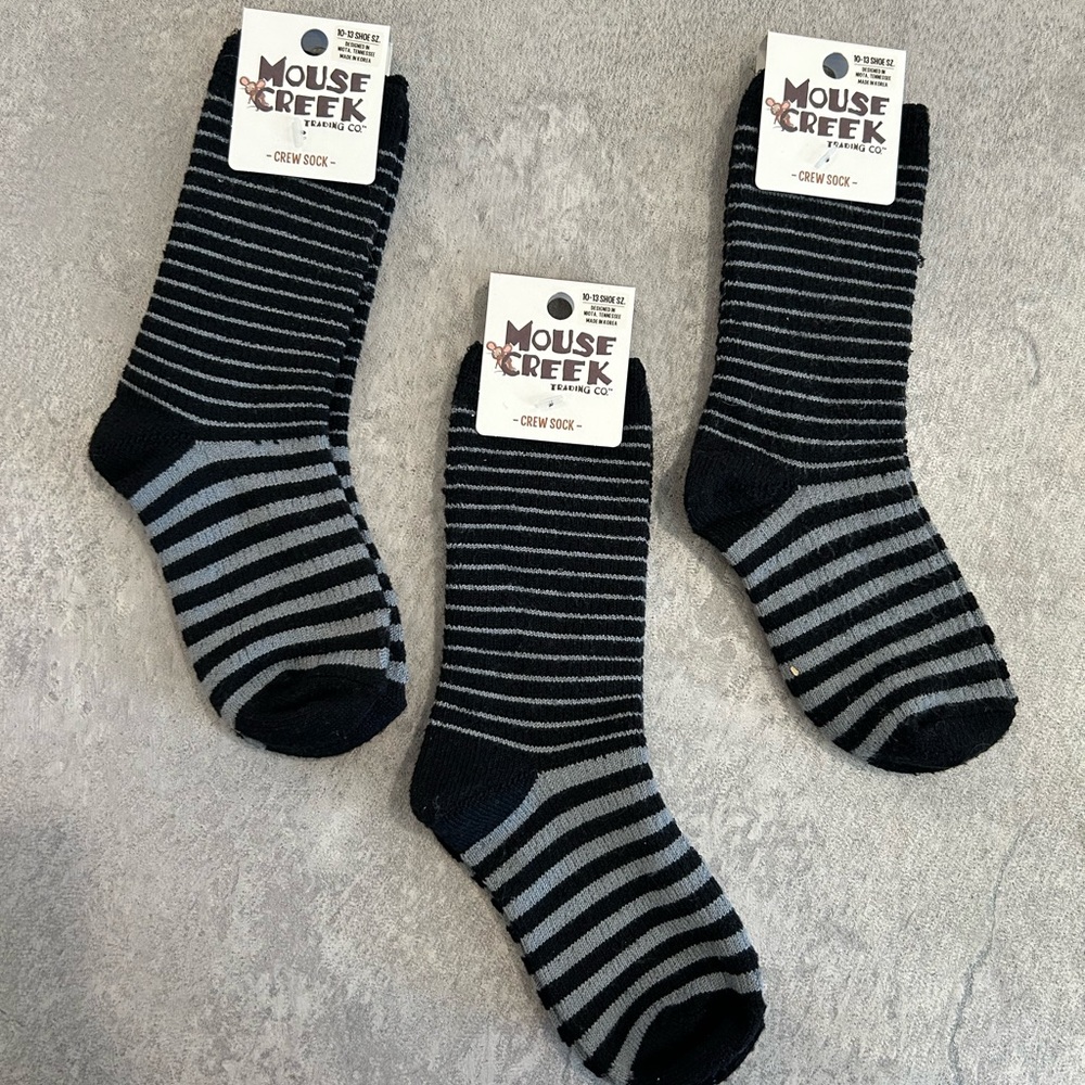 NWT - 3 kids black and grey striped crew socks, size 10-13